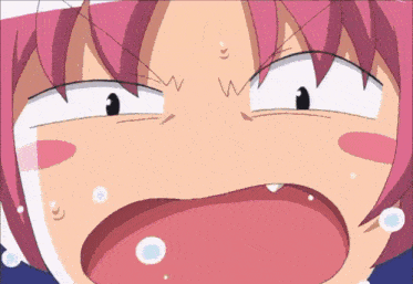 a close up of a cartoon character with pink hair making a funny face