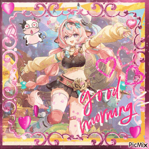 a picture of a girl with pink hair and the words good morning on it