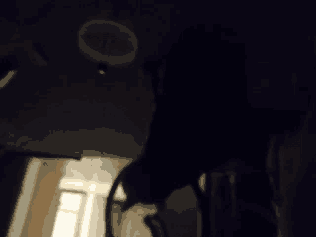 a dark room with a light hanging from the ceiling in the background