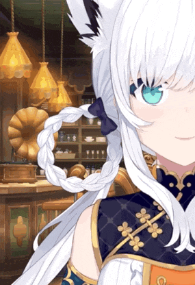 a girl with white hair and blue eyes is wearing a braided ponytail