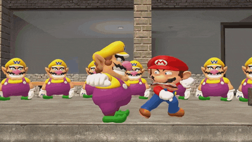 a group of mario and wario cartoon characters are standing next to each other