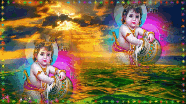 a painting of a baby krishna sitting in the water with a sunset in the background