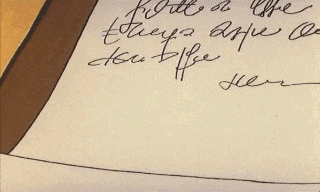a close up of a cartoon hand signing a piece of paper with the letter t on it