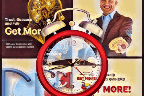 a red alarm clock says get more on it