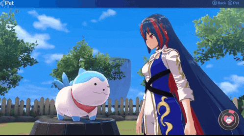 a screenshot of a video game shows a girl and a small white animal