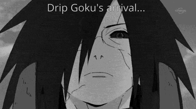 a black and white drawing of a man with the words drip goku 's arrival below it