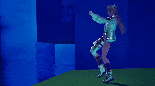 a girl with a ponytail is dancing in front of a blue background
