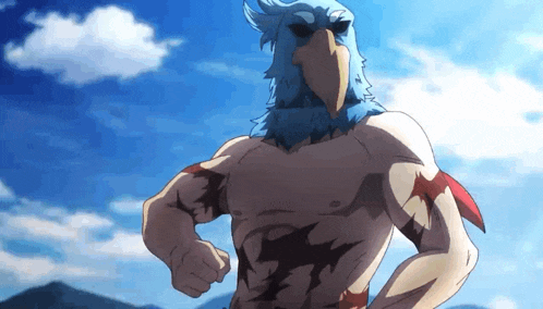 a man with a bird 's head on his head is flexing his muscles