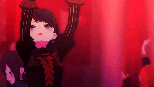 a girl in a black and gold outfit is dancing in front of a red background