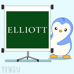 a penguin is standing next to a projector screen that says elliott on it