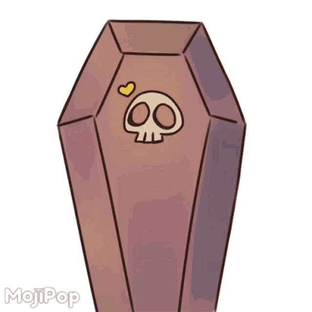 a cartoon drawing of a coffin with a skull and hearts on it