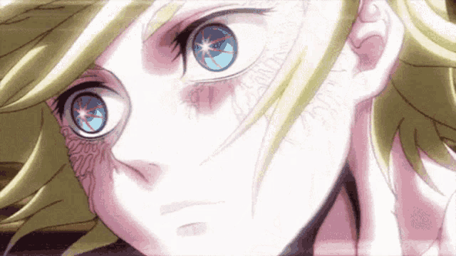 a close up of a person 's face with a glowing eye