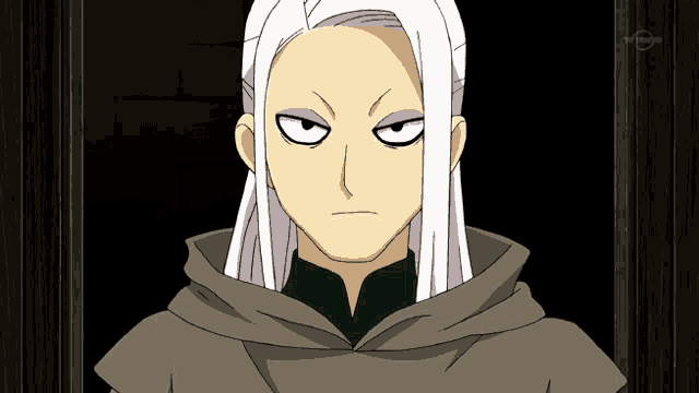 a cartoon of a man with long white hair and a hood with tokyo tv on the bottom