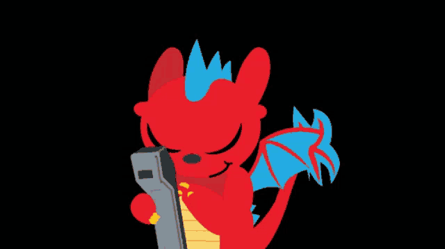a cartoon of a dragon holding a cell phone with the word nice behind him