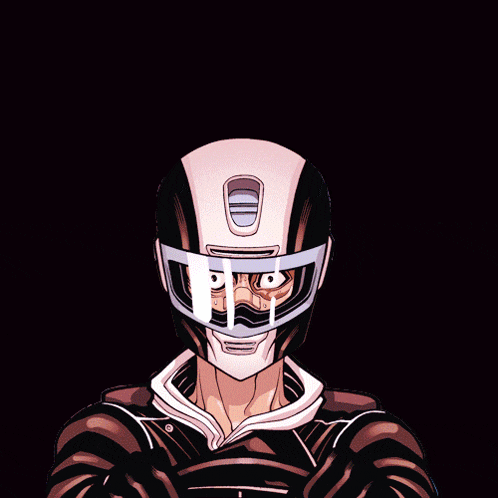 a man in a motorcycle helmet with the letter p on it