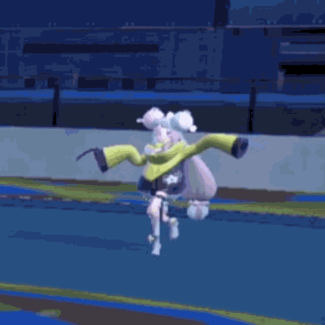 a video game character is being carried by another character on a blue surface .