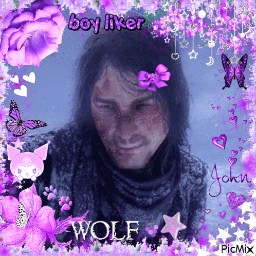 a picture of a man with purple flowers and the words boy liker wolf
