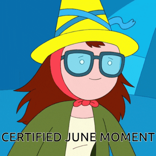 a cartoon character wearing glasses and a yellow hat with the words certified june moment below her