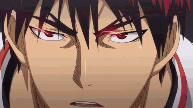 a close up of a man with red eyes