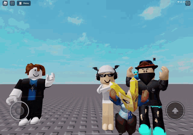 a group of roblox characters standing next to each other with the menu button in the corner