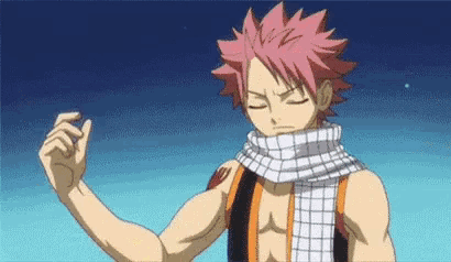 natsu from fairy tail is wearing a scarf around his neck and a shirtless body .