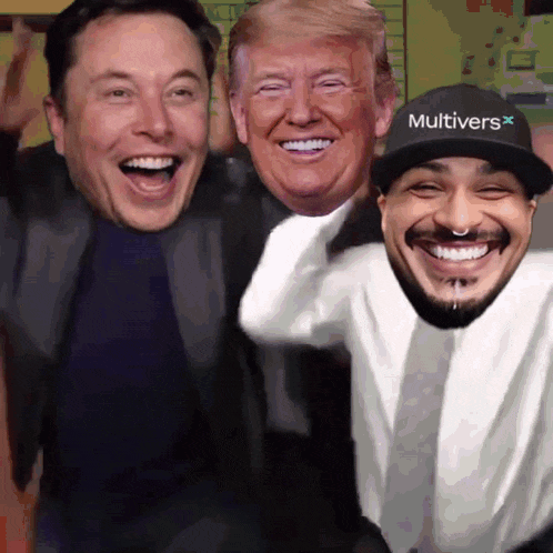 elon musk donald trump and a man wearing a hat that says multivers x
