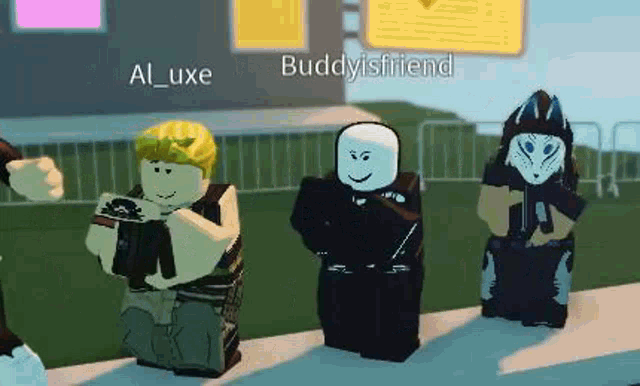 a group of roblox characters are standing next to each other in a video game .