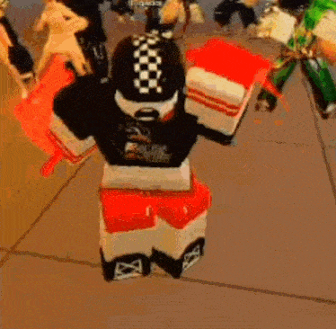 a roblox character is dancing on a sidewalk with his arms outstretched and giving a thumbs up .