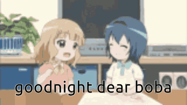 two anime girls are sitting next to each other in a living room and the words goodnight dear boba are on the screen .
