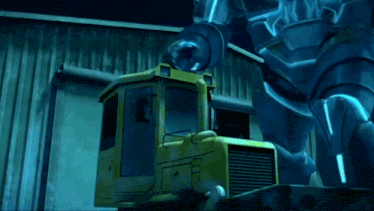 a cartoon character is standing next to a yellow truck