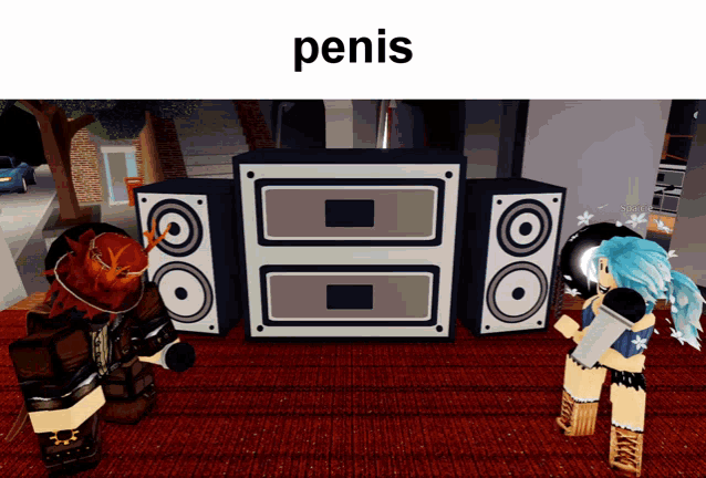 a picture of a girl holding a microphone in front of a speaker says penis