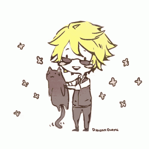a drawing of a man holding a cat with dragon quartz written below it