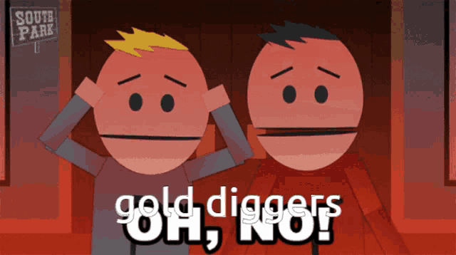 two cartoon characters standing in front of a sign that says south park on it