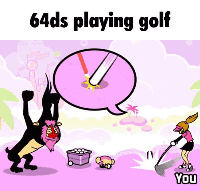 a cartoon of a monkey and a woman playing golf with the words 64ds playing golf above them