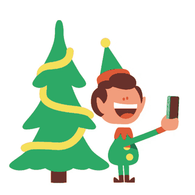 a cartoon elf is taking a picture of a christmas tree with his phone