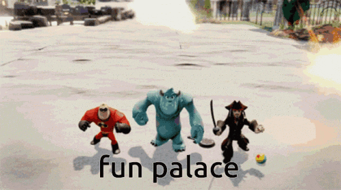 three cartoon characters are standing next to each other and the words fun palace are on the bottom