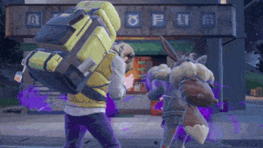 a man carrying a large yellow backpack stands in front of a store that says ' o'p ' on it