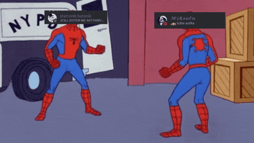 a cartoon of spider-man pointing at another spider-man in front of a nyp van