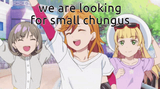 a cartoon of three girls with the words we are looking for small chungus on the bottom