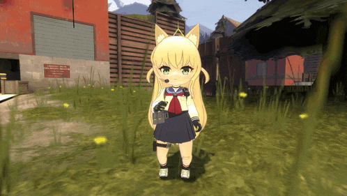 a girl with a fox ear is standing in a grassy area