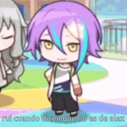 a cartoon character with purple hair and blue streaks is standing next to a woman .