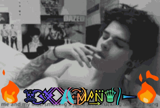 a black and white photo of a man smoking a cigarette with the words xxx man written below him