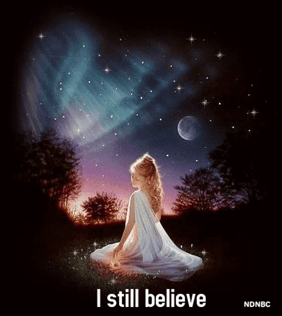 a woman in a white dress is sitting under a starry night sky with the words i still believe above her