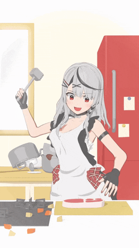 a cartoon of a girl in an apron cooking in a kitchen
