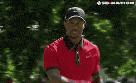 tiger woods is wearing a red shirt and a black hat while walking on a golf course .