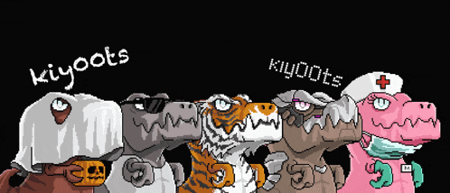 a group of dinosaurs standing next to each other with kiyoots written on the bottom right