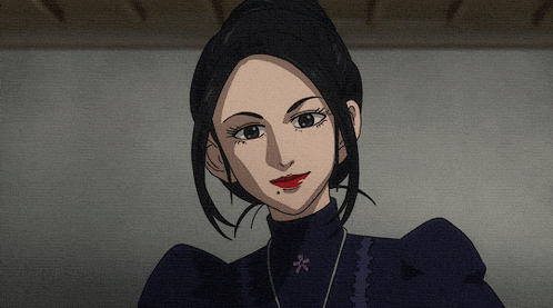 a woman with black hair and red lips is wearing a necklace