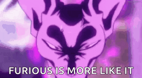 a purple cat with the words `` furious is more like it '' on it .
