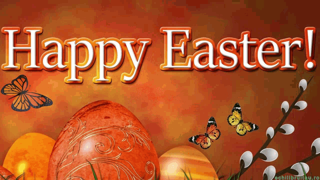 a happy easter greeting with butterflies and eggs