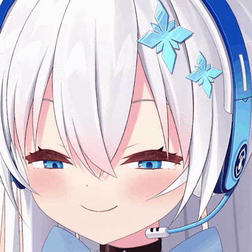 a girl with white hair and blue eyes is wearing headphones and has a flower in her hair